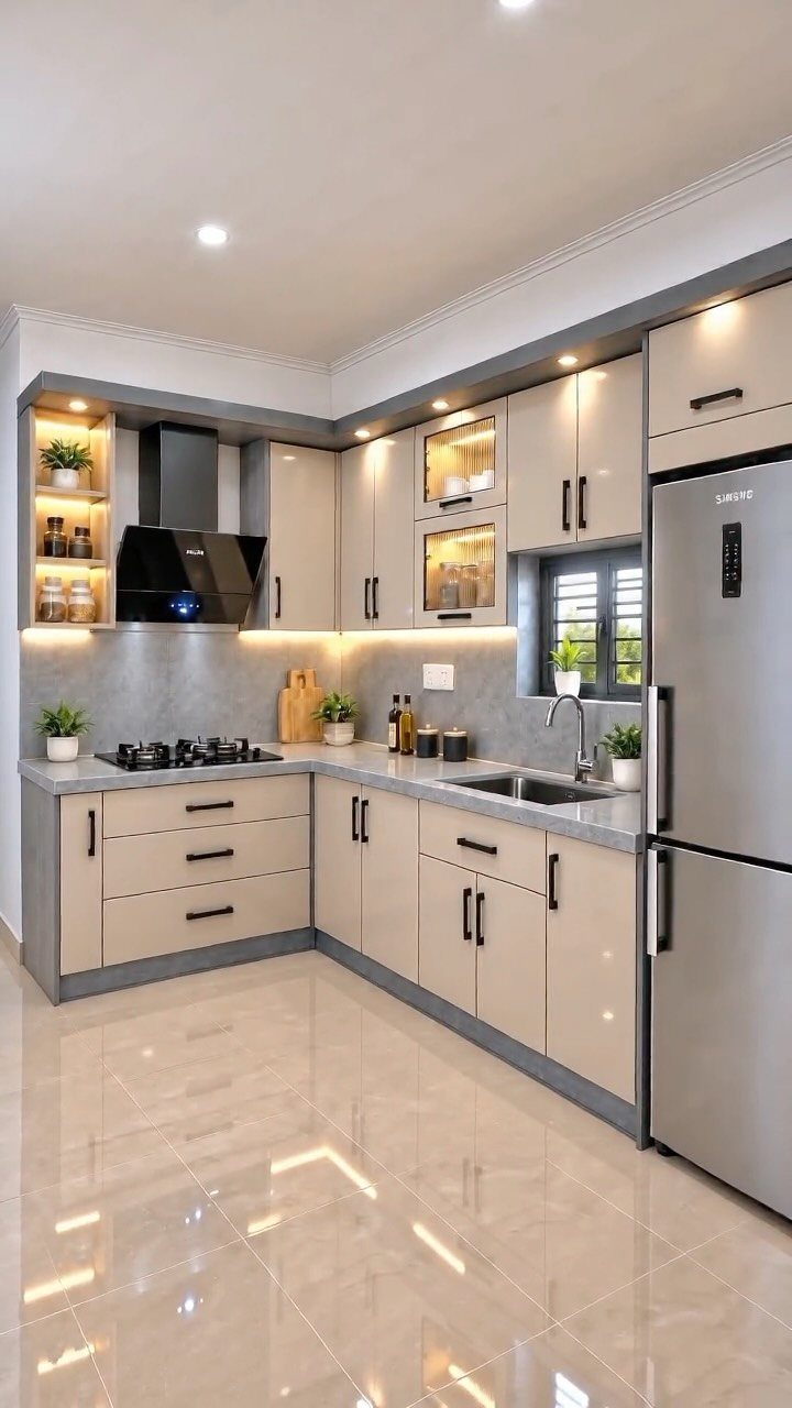 40 Small Kitchen Setup Ideas for Layouts, Storage and Style 11 L-shaped kitchen with beige cabinets and integrated under-cabinet and shelf lighting.