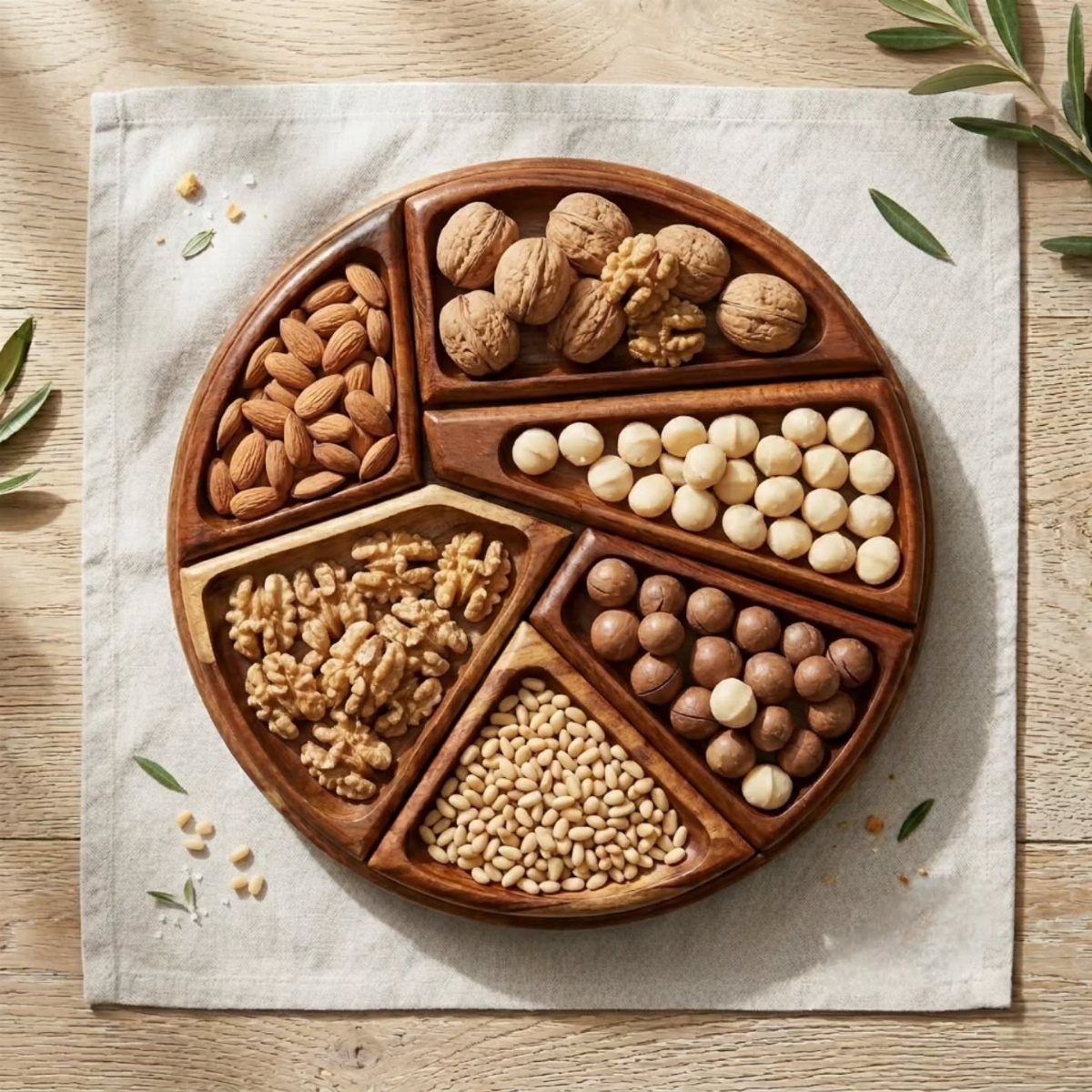 Round wooden divided tray filled with various nuts on a linen cloth.
