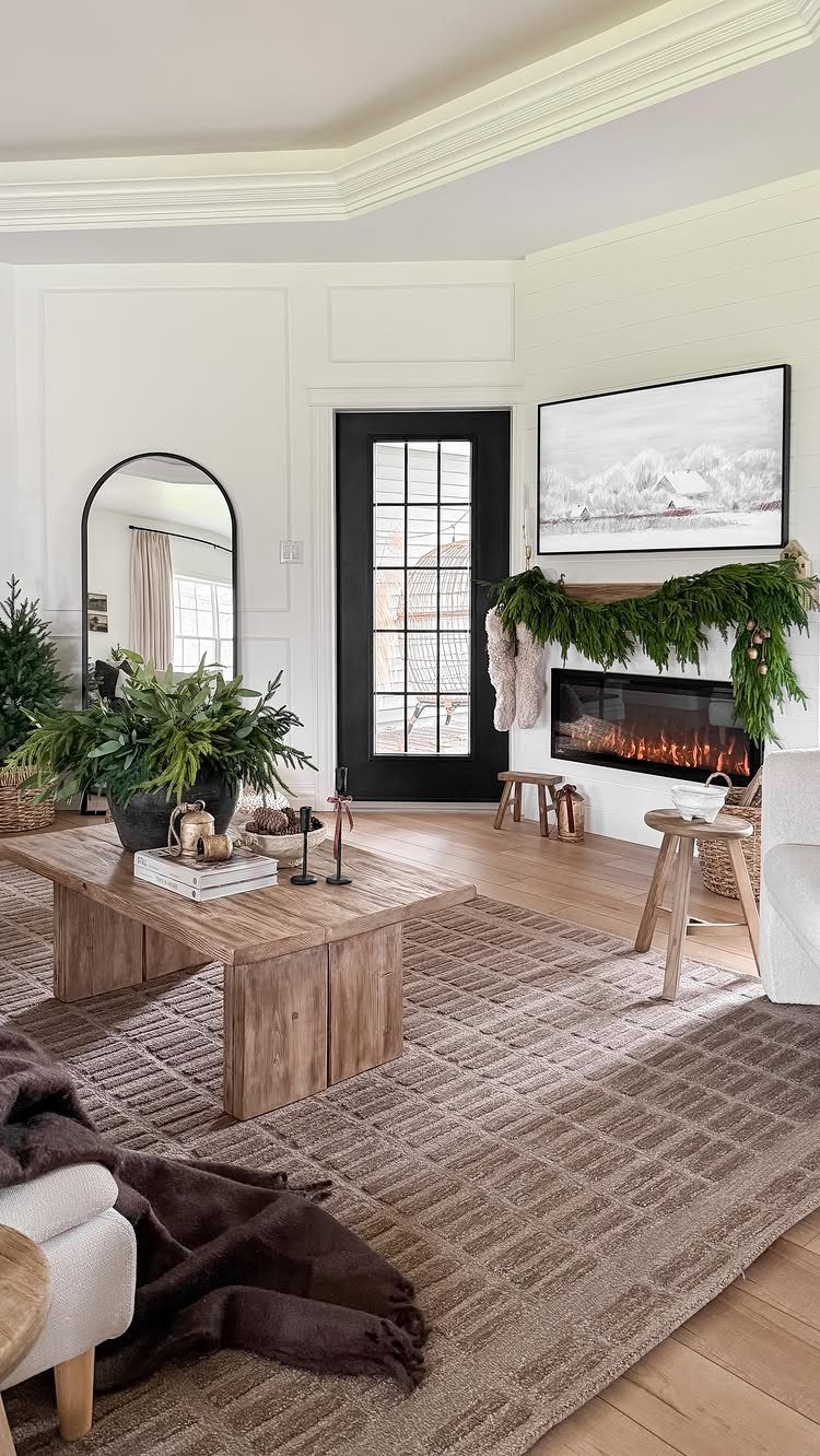 Large textured brown area rug in a cozy living room with a wooden coffee table.