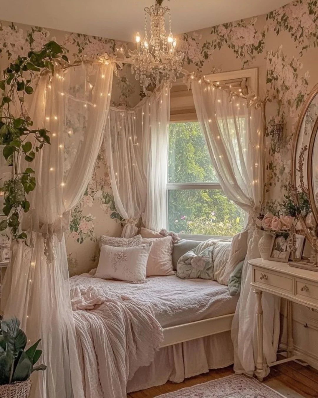 Girls Bedroom 10 12: 14 Ideas for Stylish Tween Rooms 9 Bed with white canopy and fairy lights in a room with floral wallpaper.