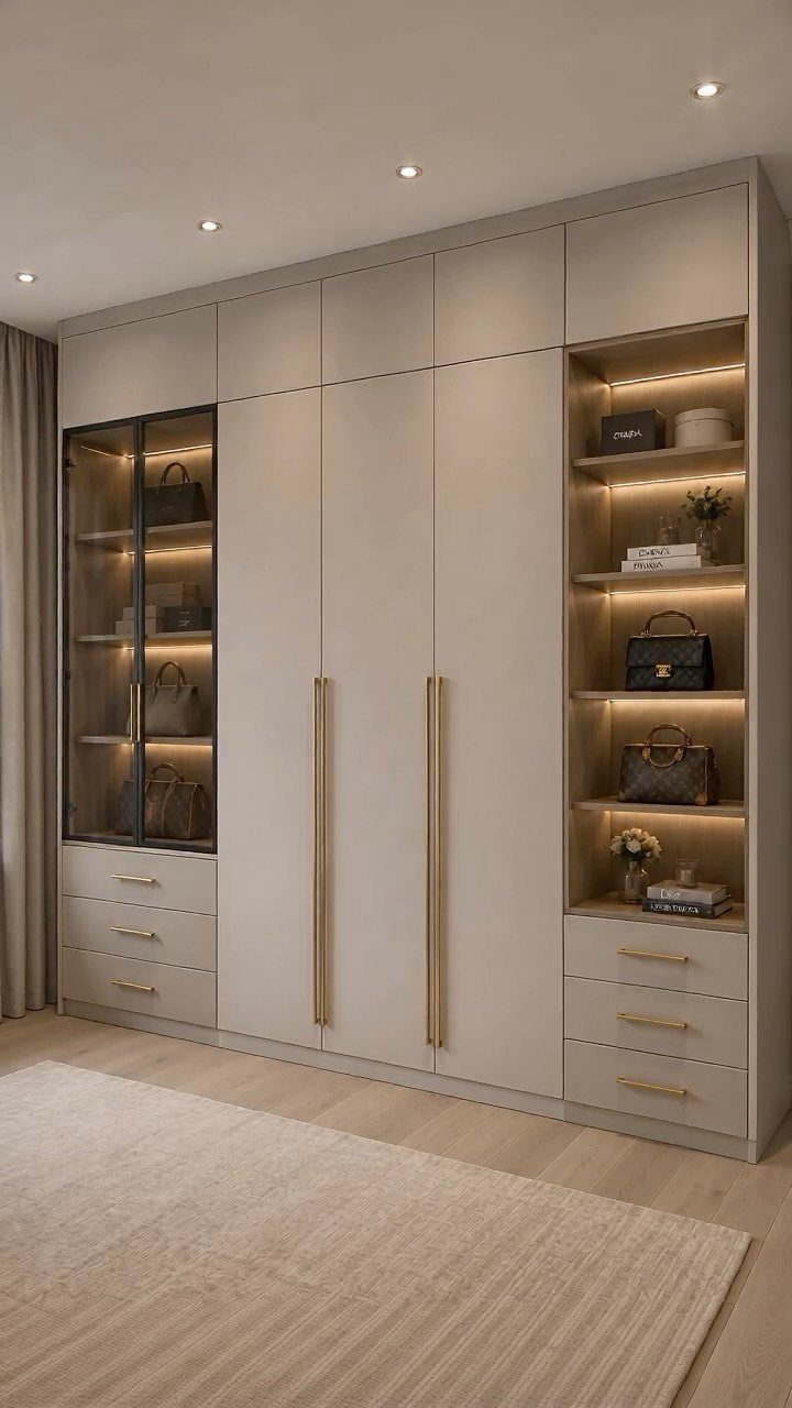 Bedroom Walk in Closet Layout: 17 Ideas to Try 6 Beige built-in wardrobe with glass display, gold handles, and LED lit open shelving.