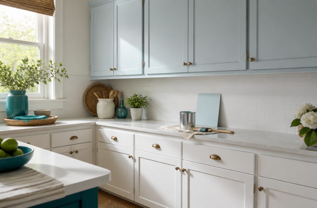 Kitchen with pale gray-blue upper cabinets, darker blue lower cabinets, and light countertops