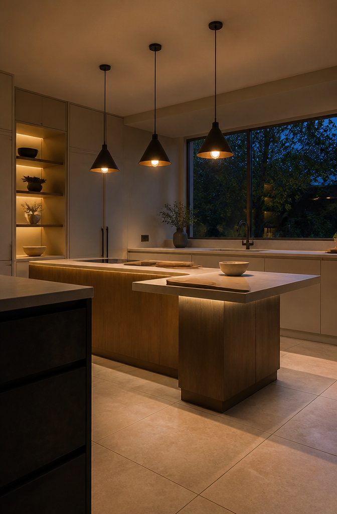 T Shape Kitchen Island: Uses, Design, Clearance and Costs 8 T-shaped kitchen island beneath three cone-shaped pendant lights