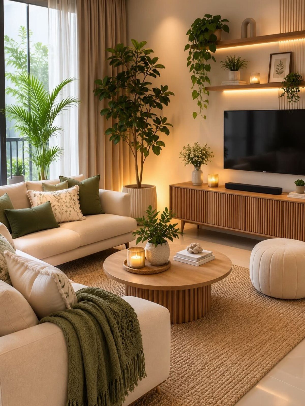 Natural living room with cream sofas, wooden furniture, and many lush green indoor plants.