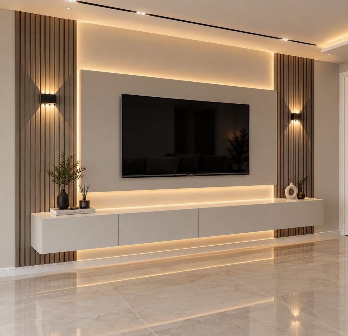 16 TV Designs for Living Room Walls, Units and Mounts 11 Modern luxury TV unit with white floating console, wood slats, and warm ambient lighting.
