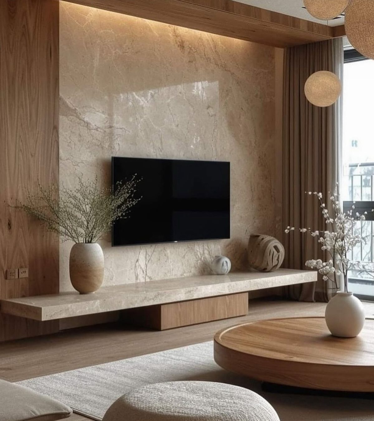 16 TV Designs for Living Room Walls, Units and Mounts 8 Beige marble accent wall with a mounted TV and matching floating marble shelf.