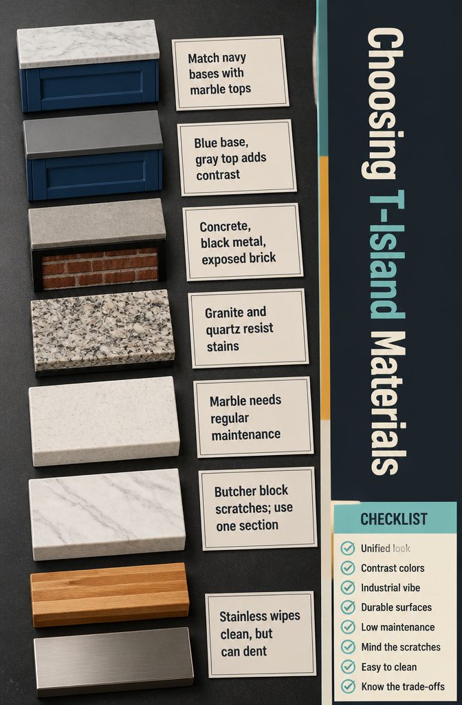 T Shape Kitchen Island: Uses, Design, Clearance and Costs 9 Material guide showing blue cabinetry with marble gray concrete and other finishes