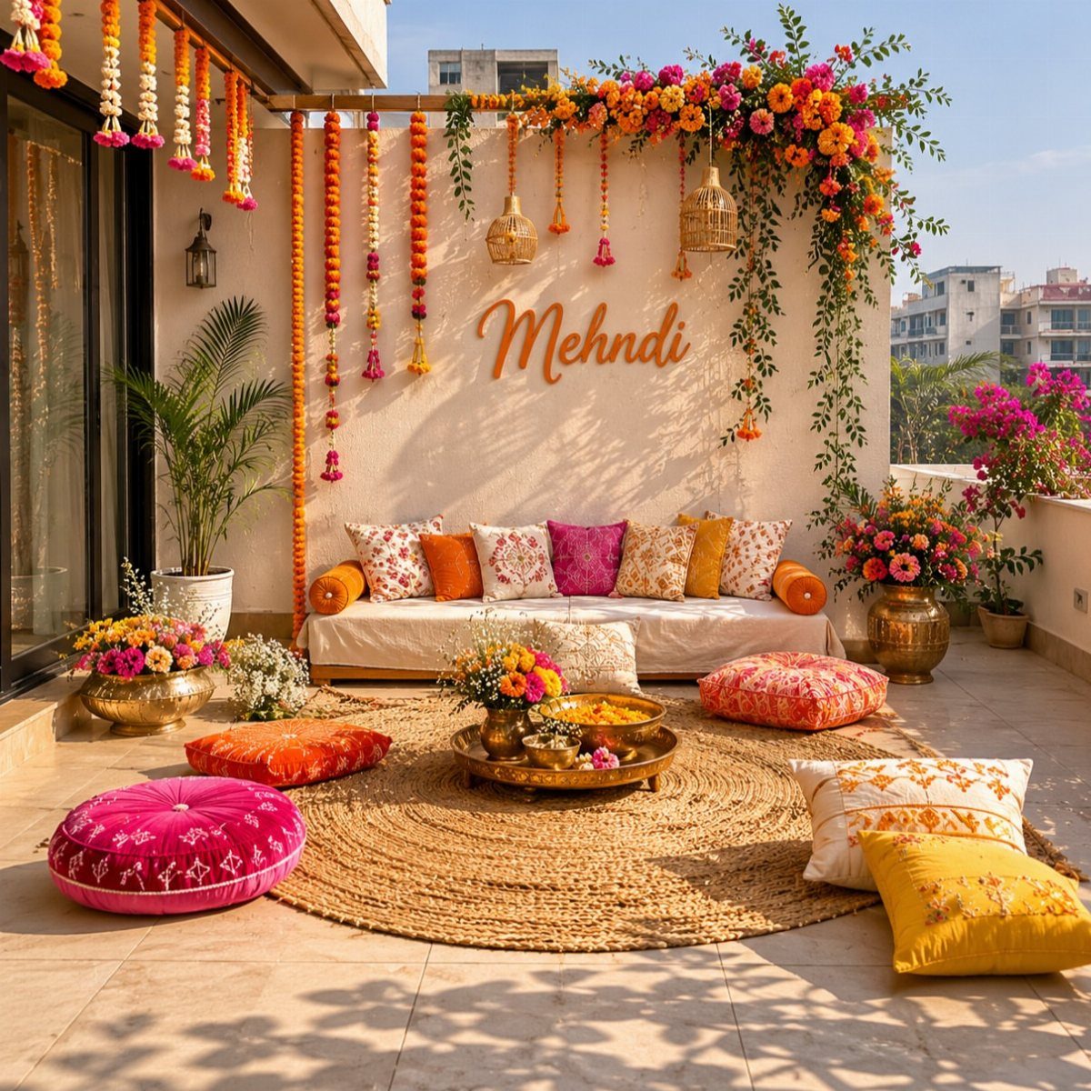28 Wedding Decorations Ideas at Home with Flowers and Lights 13 Mehendi seating area with colorful cushions, jute rug, and orange marigold flower garlands.