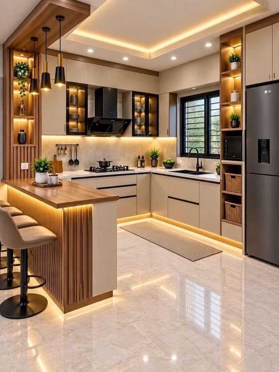 32 U Kitchen Design Ideas for Small, Open and Island Layouts 8 Modern U-shaped kitchen with beige cabinets and a wooden breakfast peninsula in open-concept home.