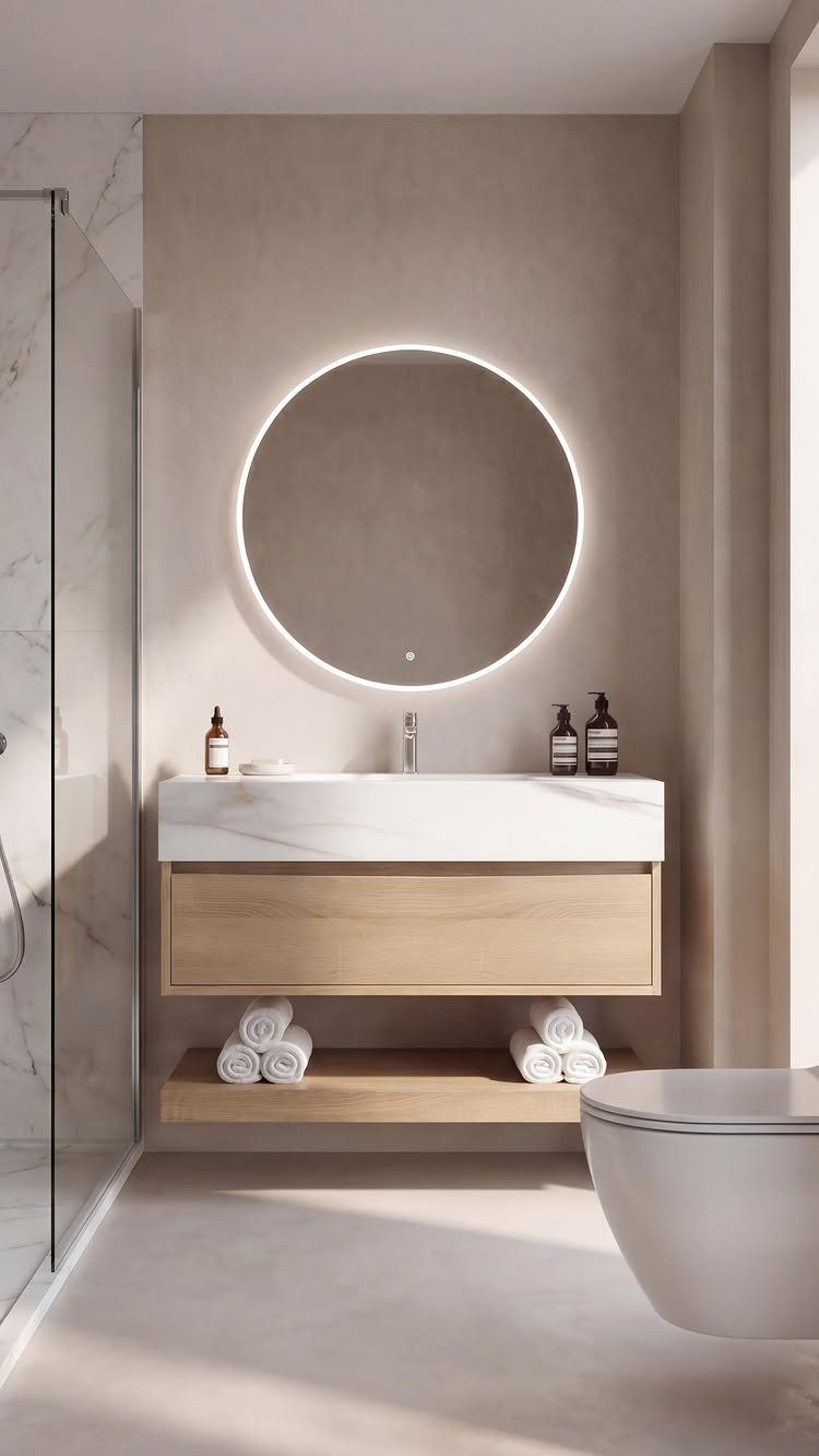 28 Bathroom Cabinet Ideas Storage Fixes for Small Spaces 29 Floating light-wood bathroom vanity with marble top and open storage shelf for towels.
