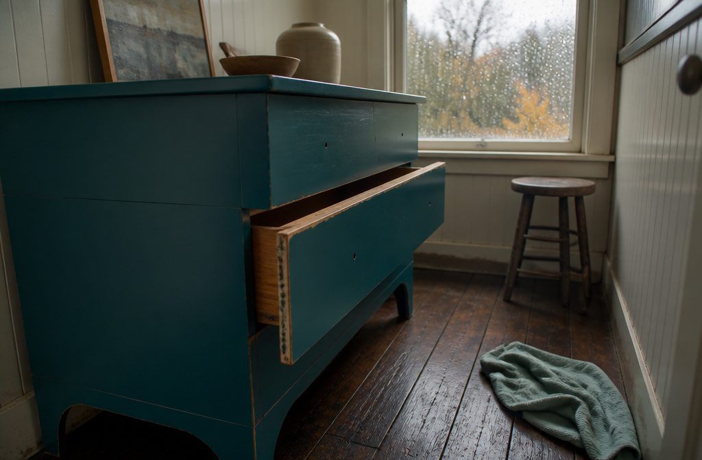 Painted dresser with drawers and paint supplies in a home workspace