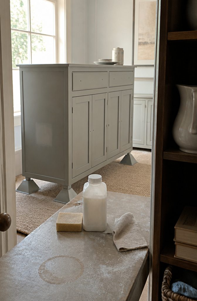How to Paint Furniture: 8 Steps for DIY Furniture Painting 11 Painted cabinet on painter pyramids with a matte sanded patch and sponge