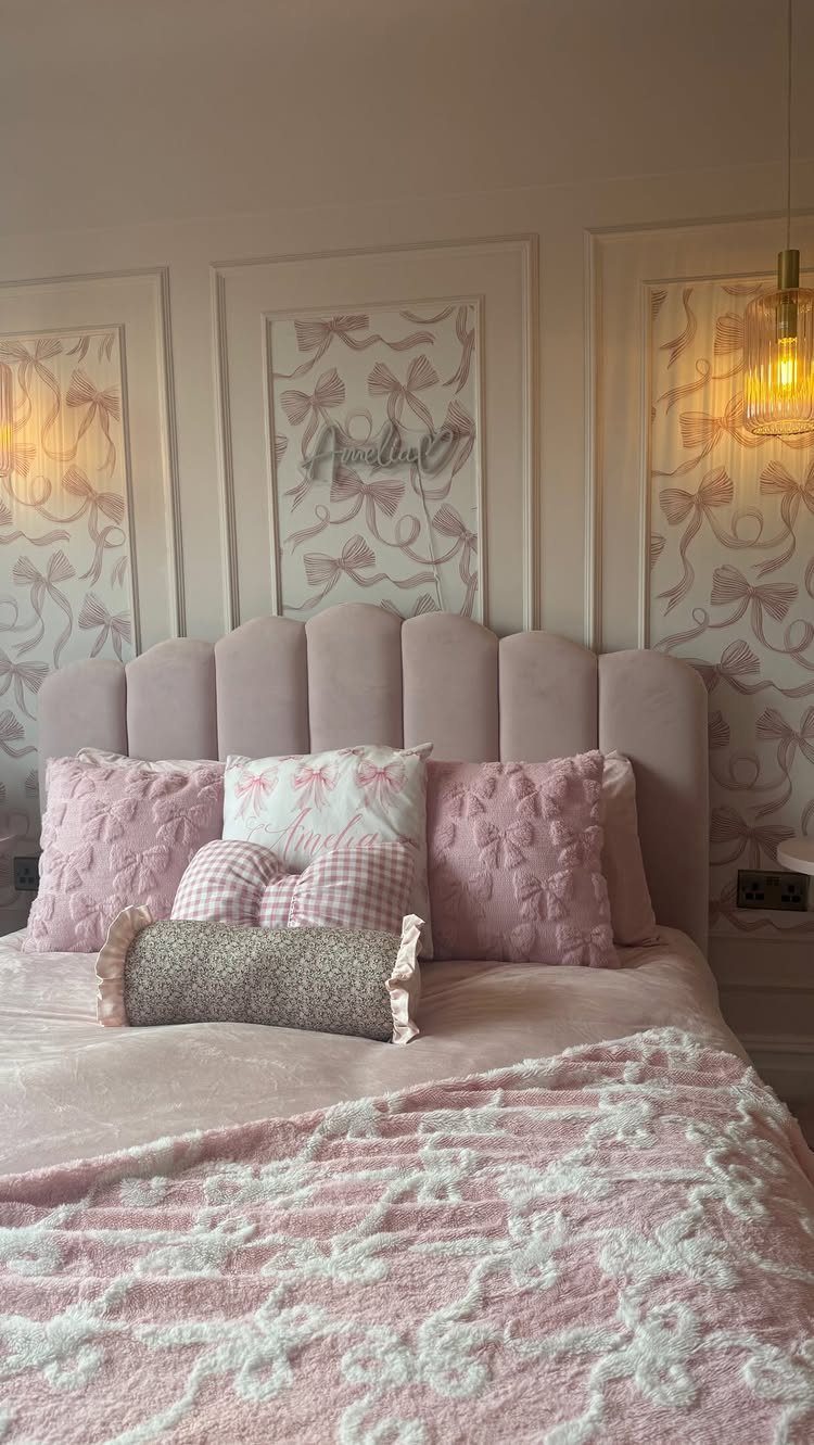 Girls Bedroom 10 12: 14 Ideas for Stylish Tween Rooms 5 Pink bedroom with scalloped headboard and personalized name script on bow-patterned wallpaper.