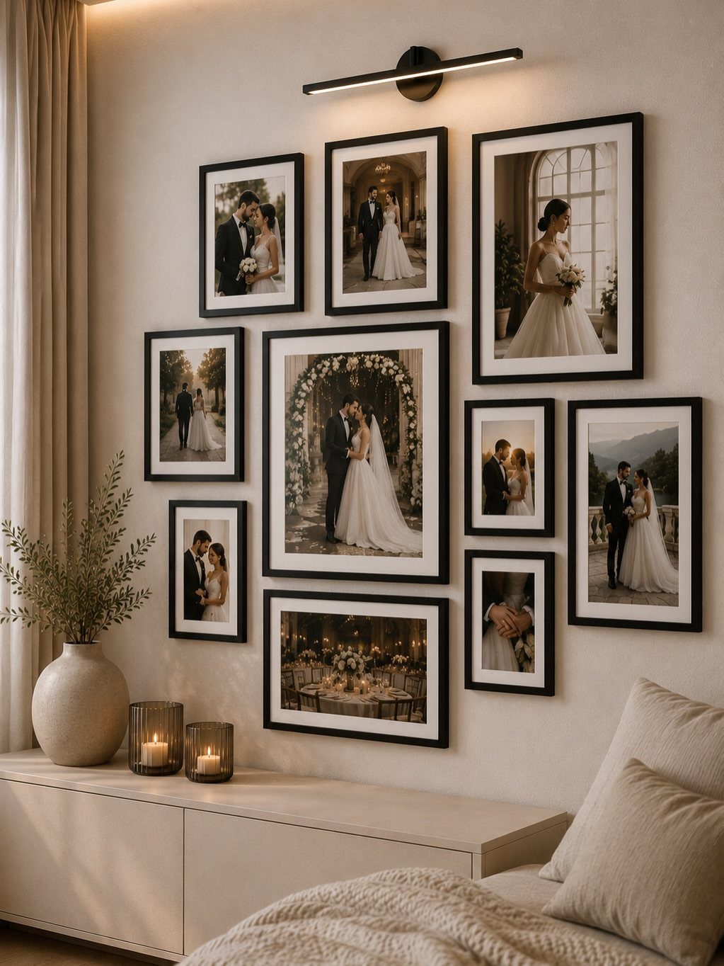Wedding photo wall collage with black frames displayed above a bedroom dresser.
