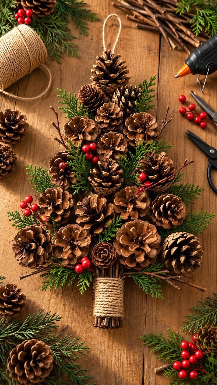 Pine cone and evergreen branch Christmas tree decoration on a wooden craft table.
