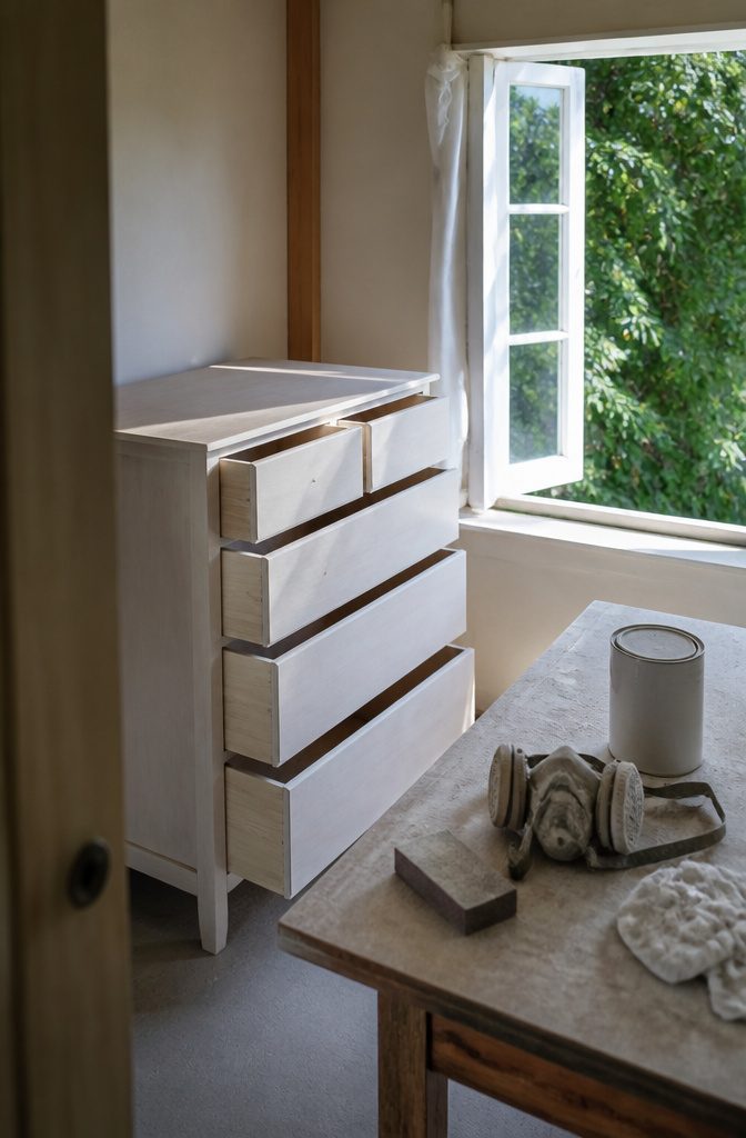How to Paint Furniture: 8 Steps for DIY Furniture Painting 6 Primed dresser with open drawers and a sanding sponge on a nearby workbench
