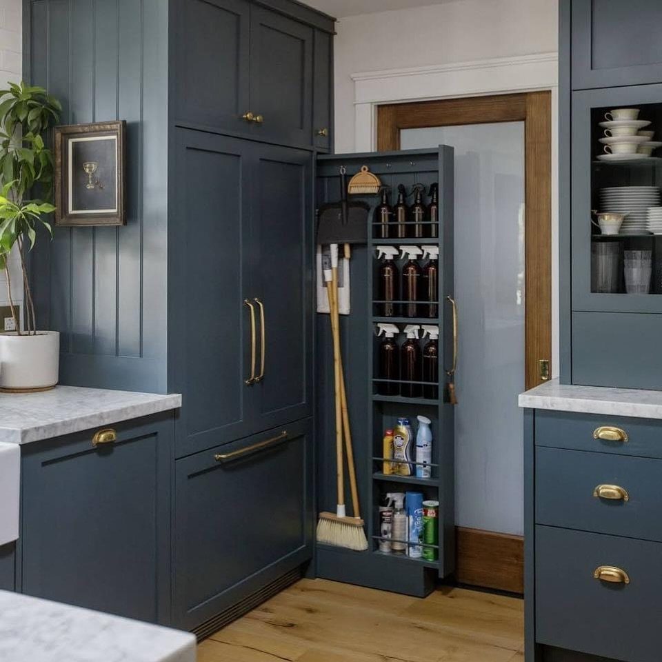 10 Broom Closet Design Ideas for Laundry Rooms and Stairs 8 Pull-out dark blue broom closet with cleaning supplies and tools in a kitchen.