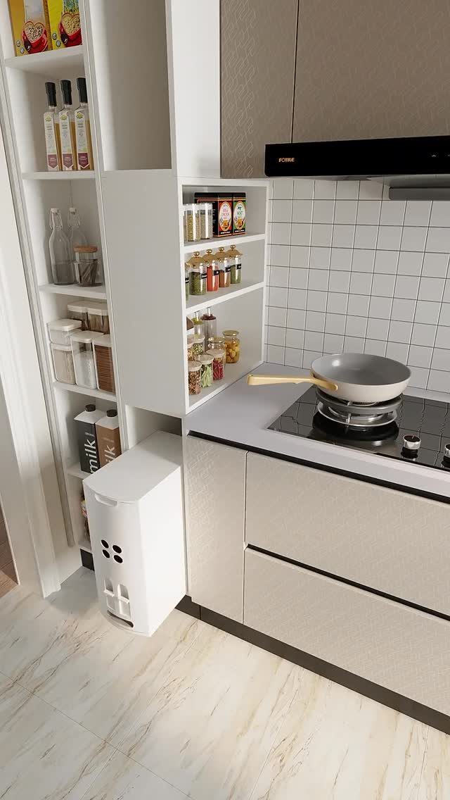 32 U Kitchen Design Ideas for Small, Open and Island Layouts 23 White pull-out kitchen shelving next to a black induction cooktop and grey cabinets.