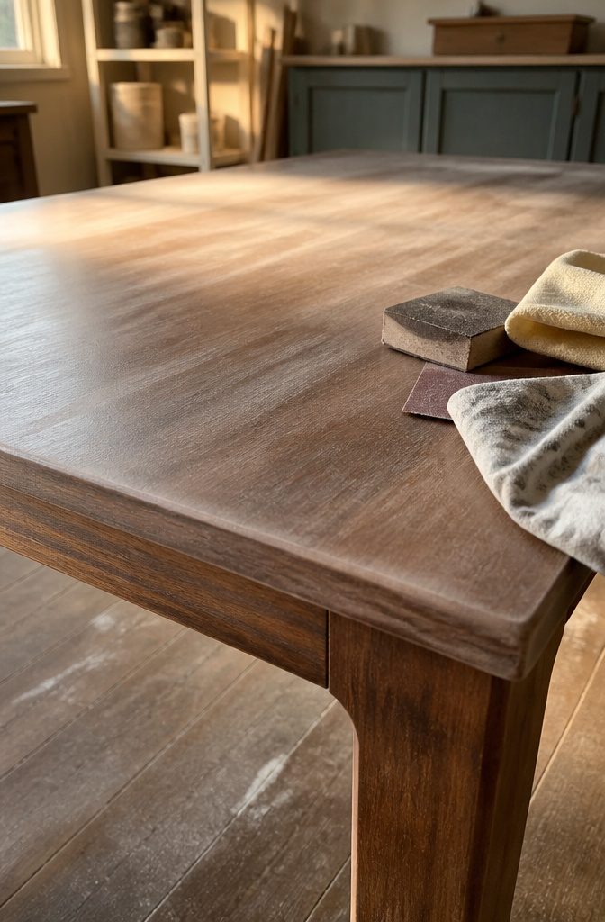 How to Paint Furniture: 8 Steps for DIY Furniture Painting 5 Furniture surface being sanded with sandpaper beside a folded cloth