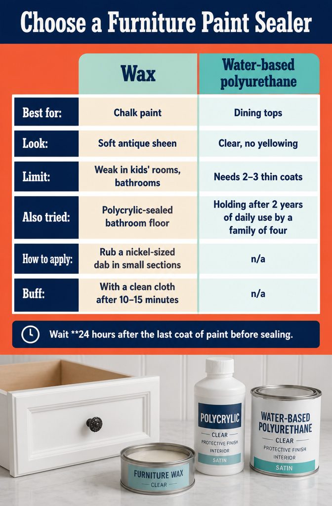 How to Paint Furniture: 8 Steps for DIY Furniture Painting 8 Furniture sealer infographic comparing wax polyurethane Polycrylic and clear coat