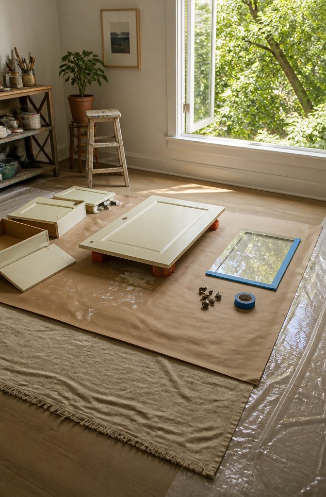 How to Paint Furniture: 8 Steps for DIY Furniture Painting 3 Furniture drawers and hardware beside a drop cloth and open window