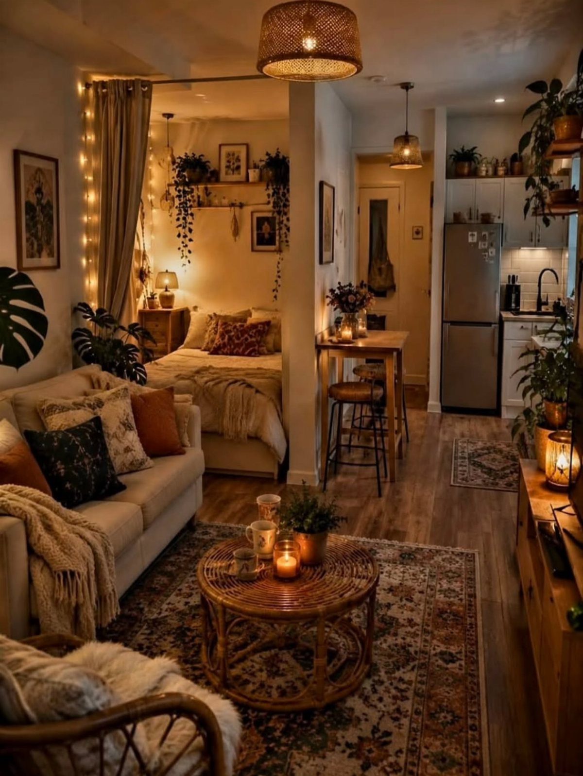 Slim light-colored sofa and round rattan coffee table in a cozy studio apartment