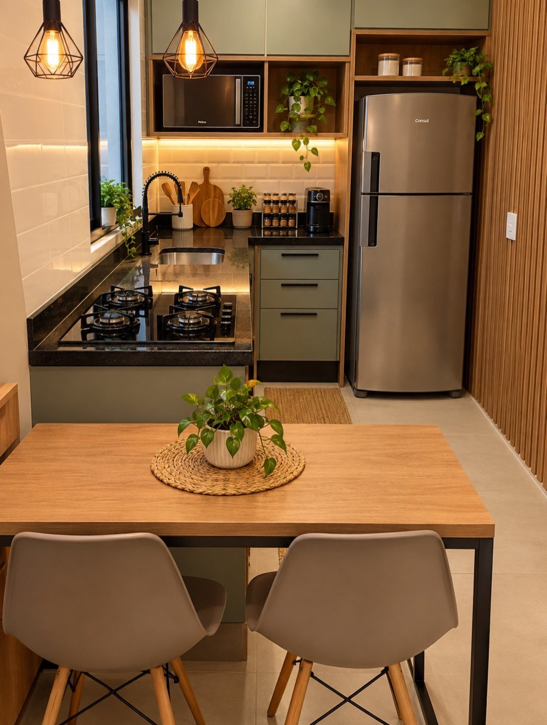 Small kitchen with sage green cabinets, black countertops, and a wooden dining table.