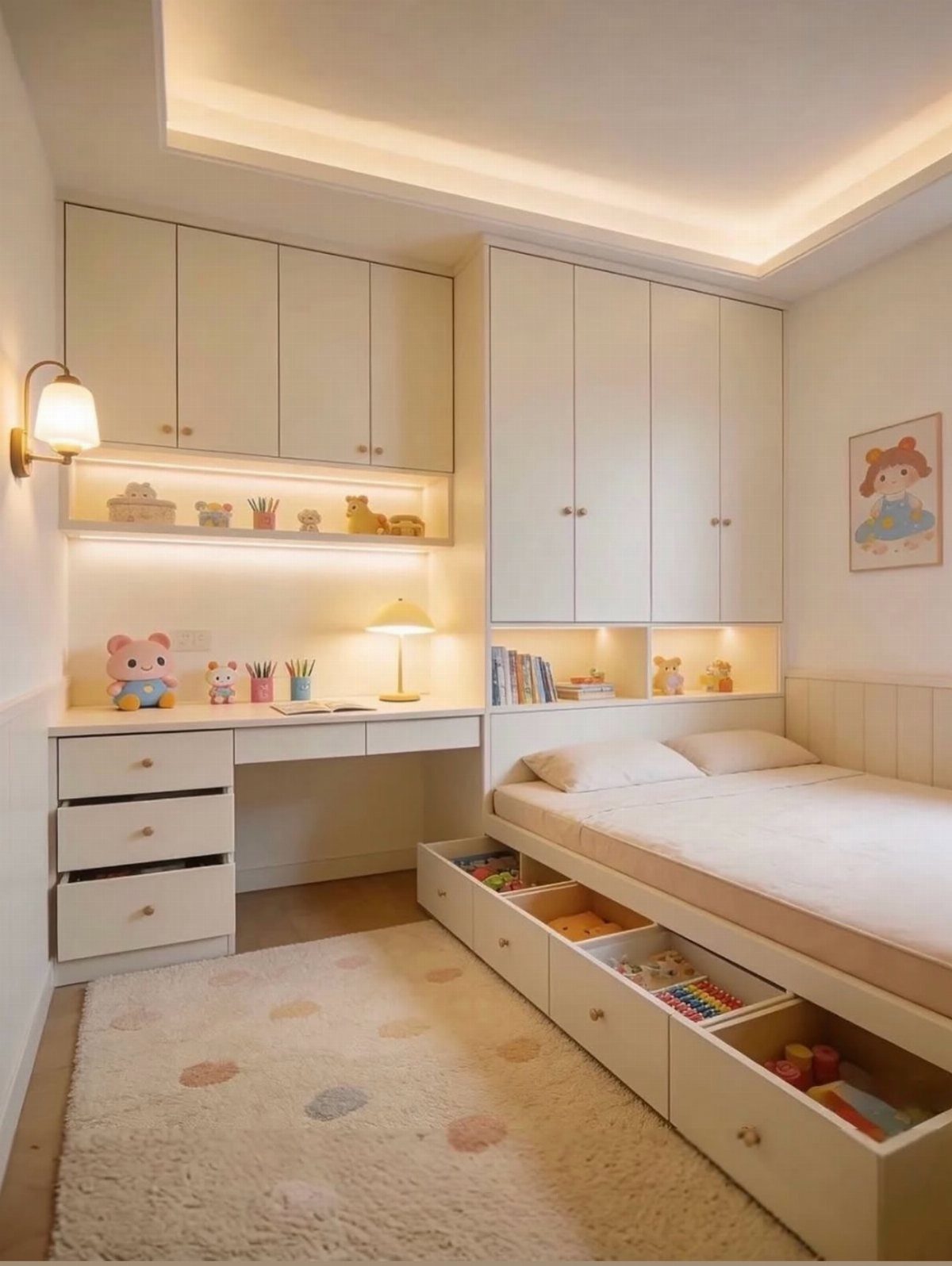 Girls Bedroom 10 12: 14 Ideas for Stylish Tween Rooms 4 White girl's bedroom with built-in overhead cabinets and under-bed storage drawers.