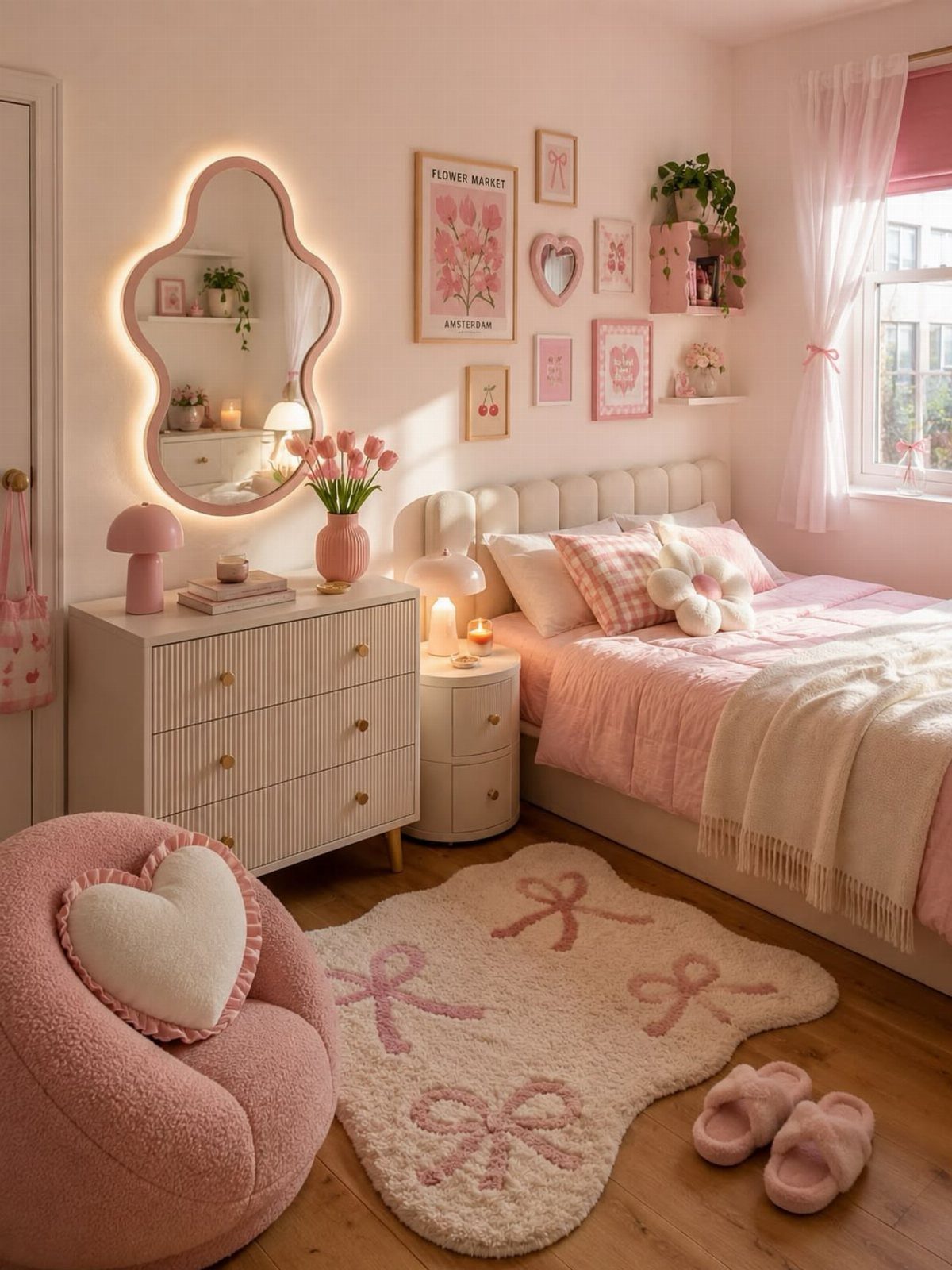 Girls Bedroom 10 12: 14 Ideas for Stylish Tween Rooms 13 Pink and white girl's bedroom with scalloped mirror, tufted bed, and bow-shaped rug.