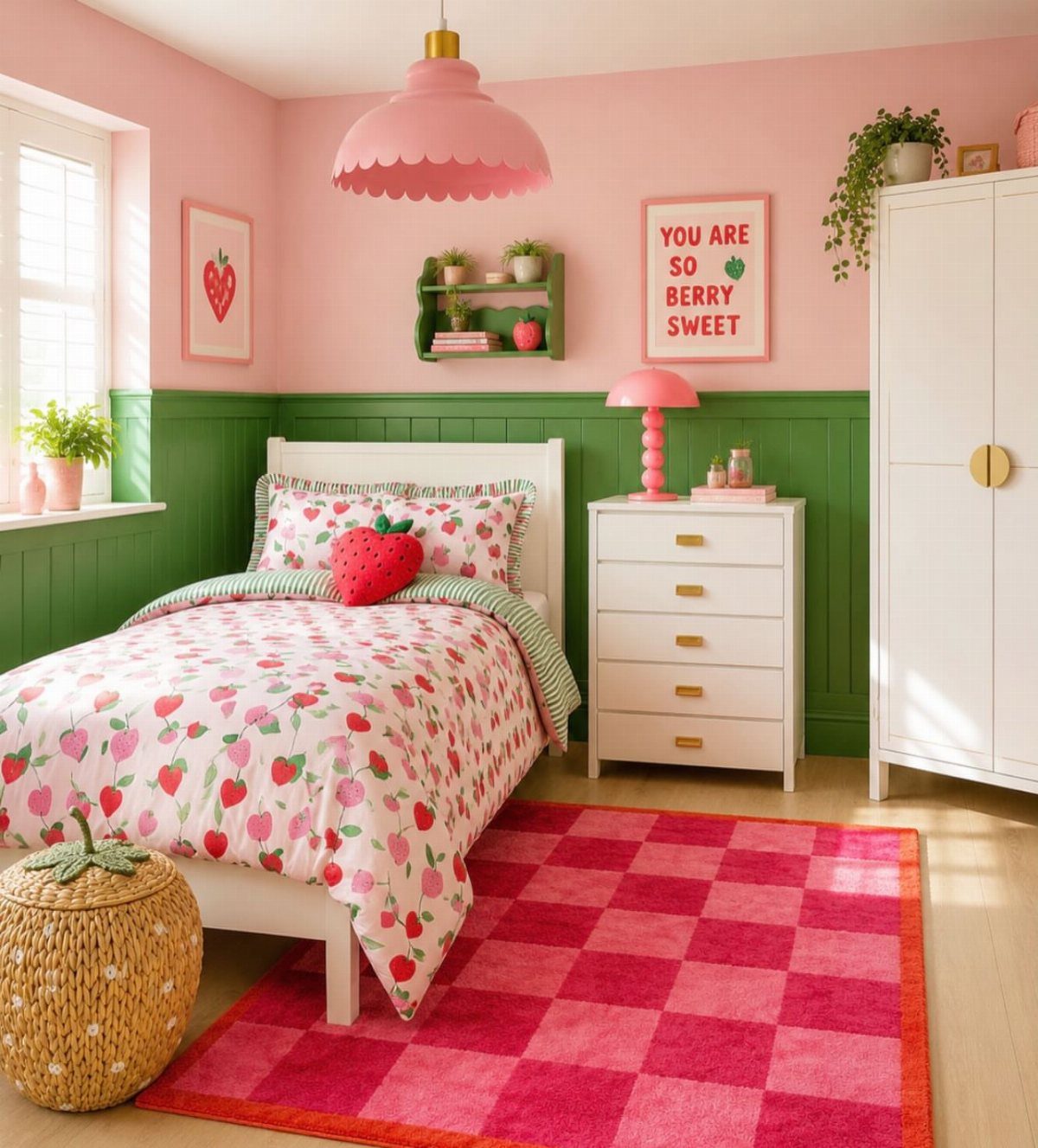 Girls Bedroom 10 12: 14 Ideas for Stylish Tween Rooms 14 Girl's bedroom with pink walls, green wainscoting, and strawberry themed bedding and decor.