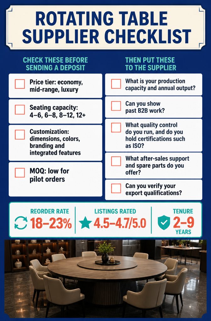 Rotatable Dining Table: Types, Mechanisms, Materials, Care 7 Rotating table supplier checklist with sourcing and product questions