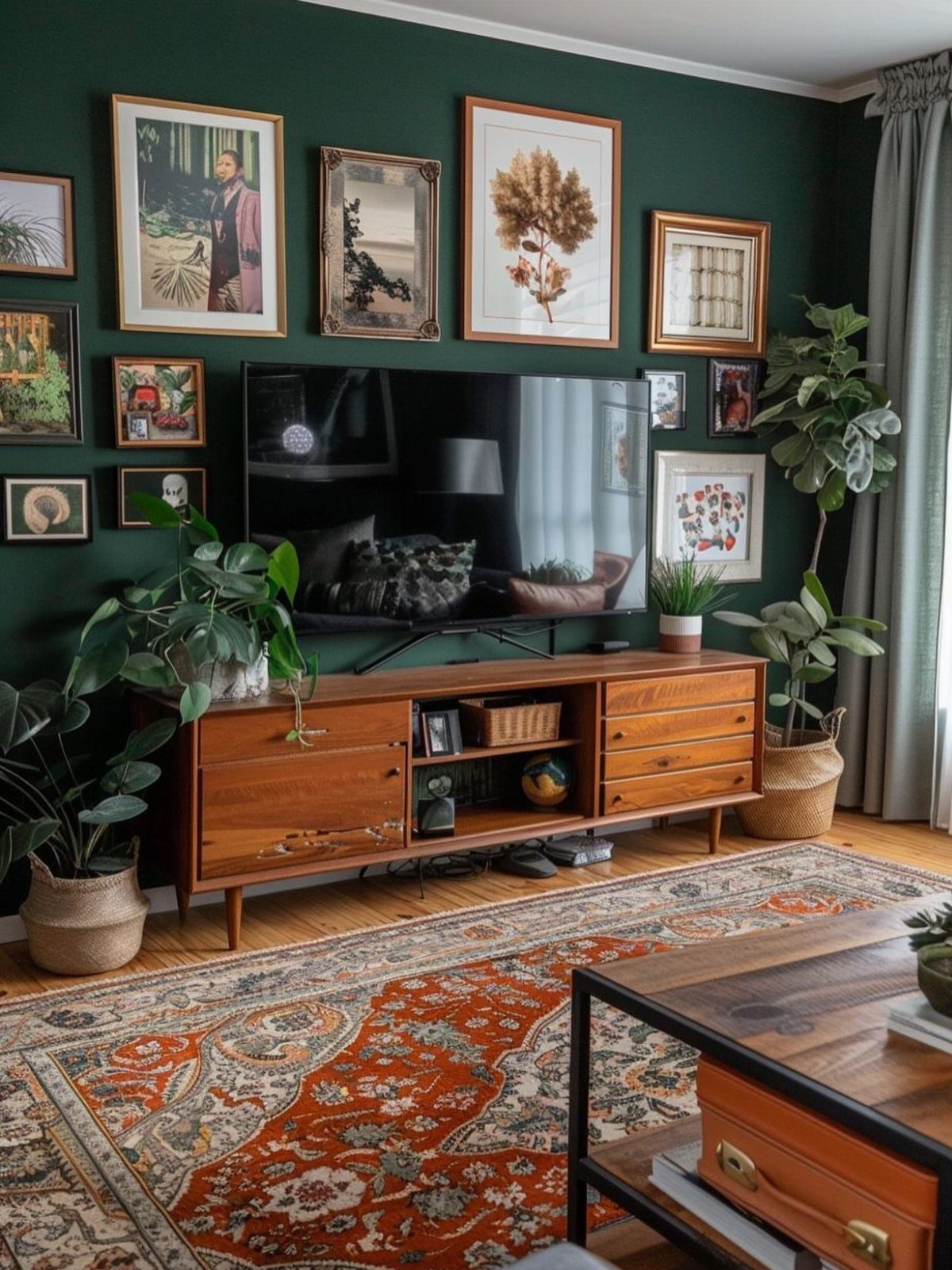 16 TV Designs for Living Room Walls, Units and Mounts 13 TV mounted on a dark green wall surrounded by framed art and plants