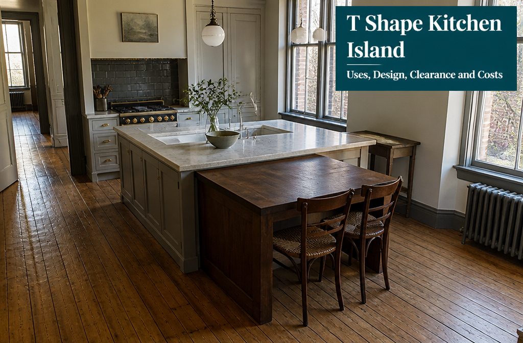 T-shaped kitchen island with a long work surface joined to a perpendicular extension