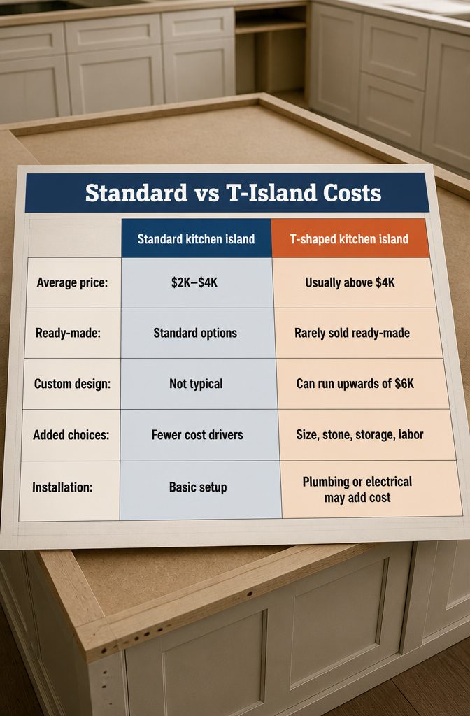 T Shape Kitchen Island: Uses, Design, Clearance and Costs 11 Cost comparison graphic showing a standard kitchen island beside a T-shaped island
