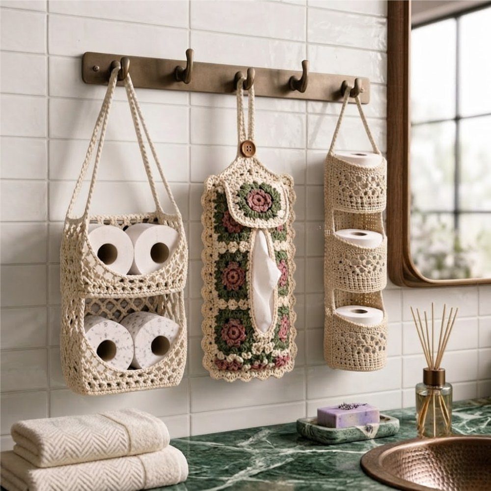 28 Bathroom Cabinet Ideas Storage Fixes for Small Spaces 17 Crocheted hanging baskets and organizers holding toilet paper on a brass wall rail.