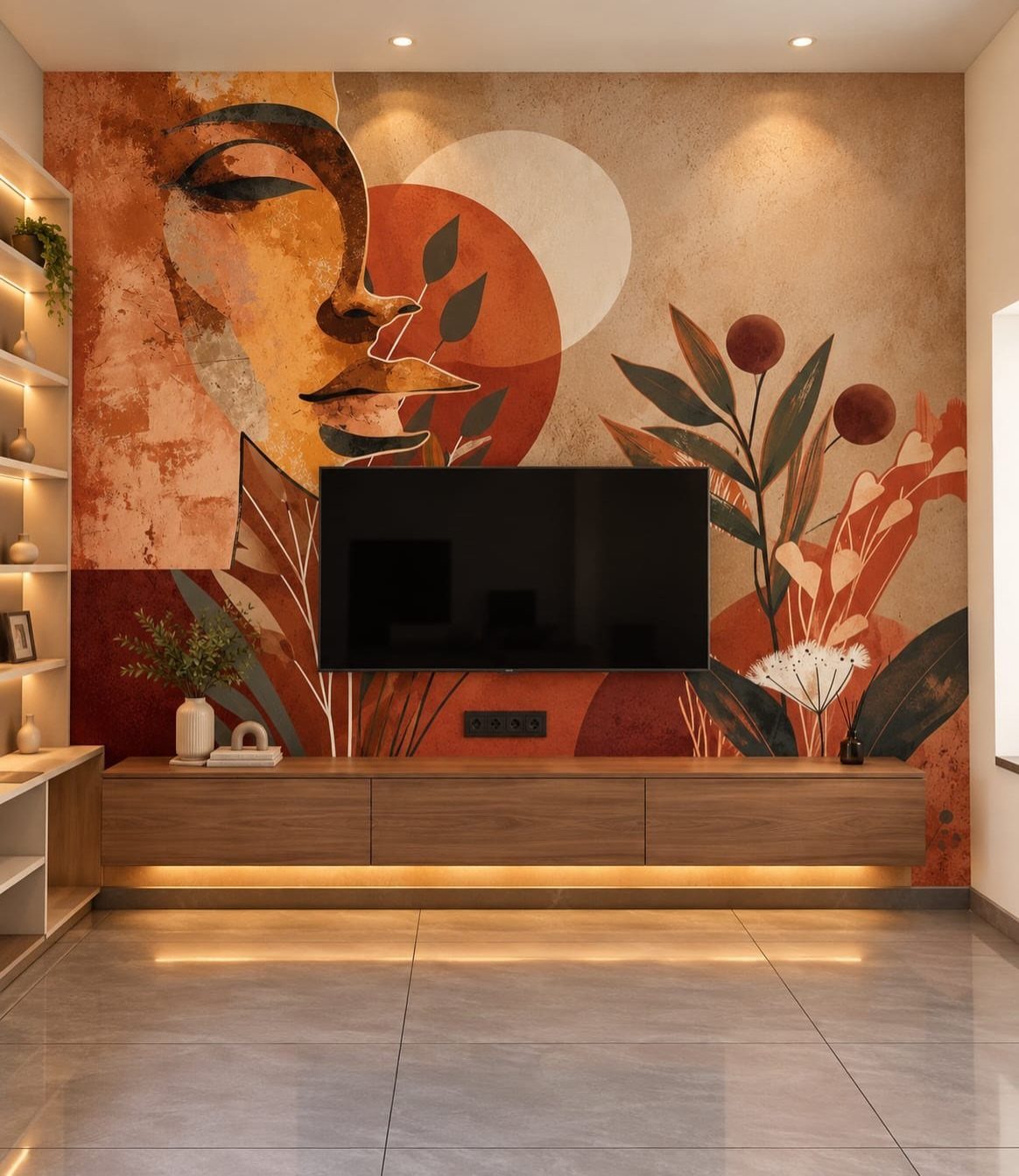 16 TV Designs for Living Room Walls, Units and Mounts 17 Wall-mounted TV in a living room with an abstract mural and wooden console.