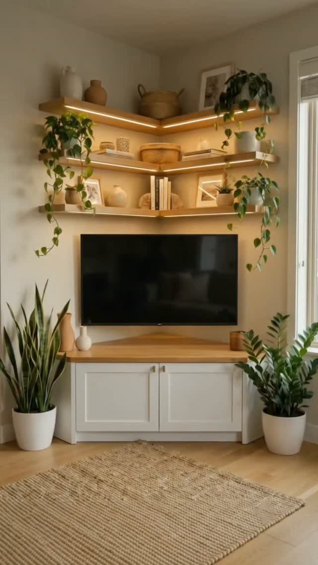 16 TV Designs for Living Room Walls, Units and Mounts 16 Flat-screen TV on a white corner cabinet with illuminated wooden floating shelves above.