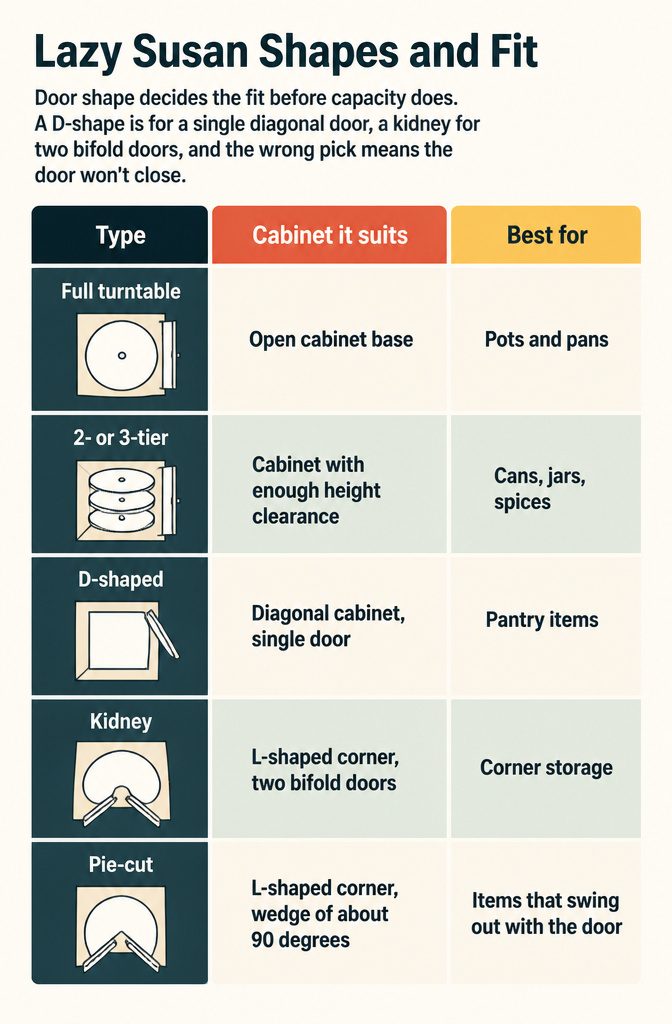 What Is a Folding Lazy Susan? How It Works, Types and Sizing 3 Diagrams of D-shaped kidney and pie-cut shelves beside cabinet openings