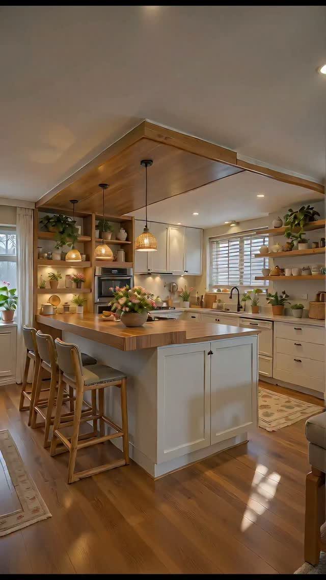 32 U Kitchen Design Ideas for Small, Open and Island Layouts 33 U-shaped kitchen with white cabinetry, wooden countertops, and three wooden bar stools.