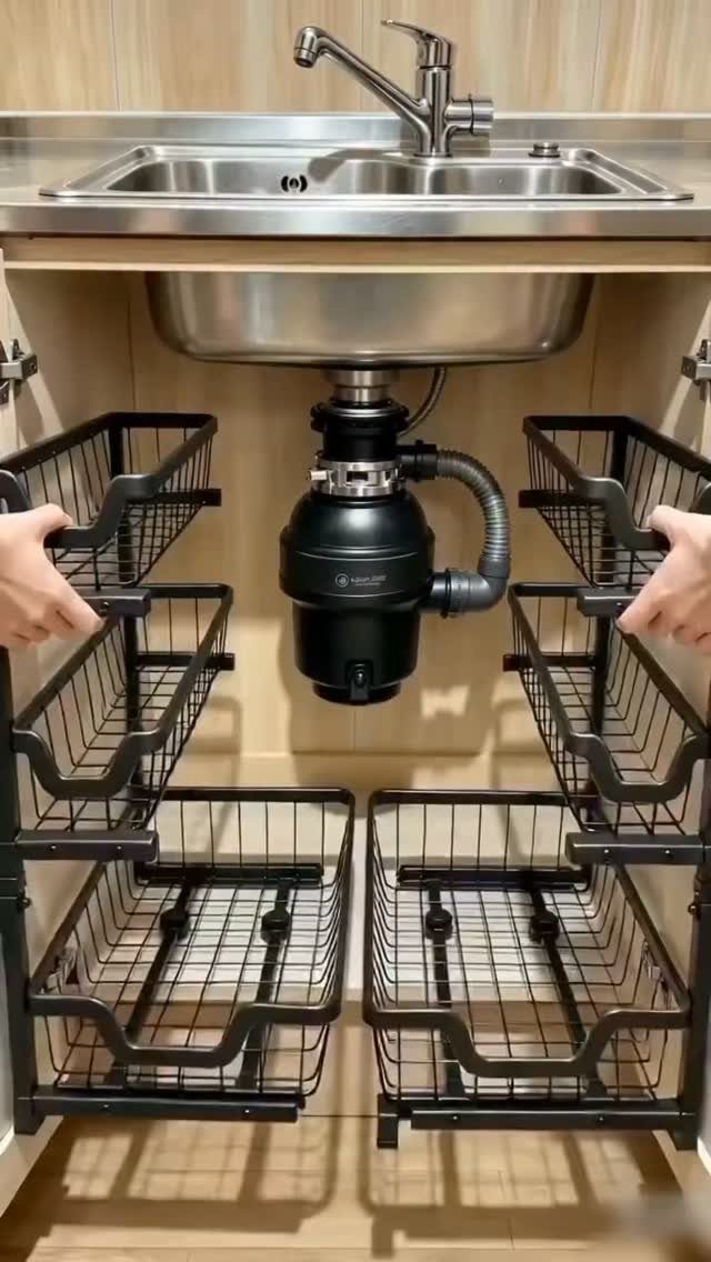 28 Bathroom Cabinet Ideas Storage Fixes for Small Spaces 4 Black wire pull-out storage baskets installed inside a cabinet under a stainless steel sink.