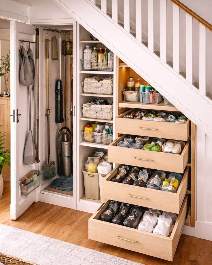 10 Broom Closet Design Ideas for Laundry Rooms and Stairs 11 Under-stairs storage area with a broom closet and pull-out shoe drawers in white wood.