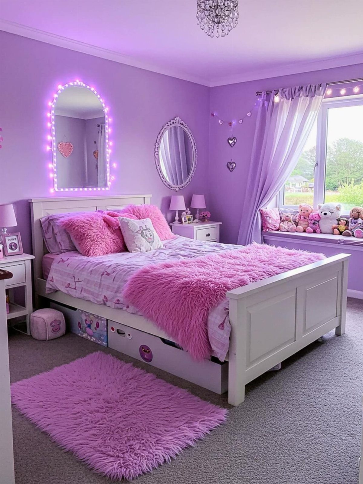 Girls Bedroom 10 12: 14 Ideas for Stylish Tween Rooms 3 Purple girl's bedroom with white bed, pink fluffy blankets, and purple shag rug.
