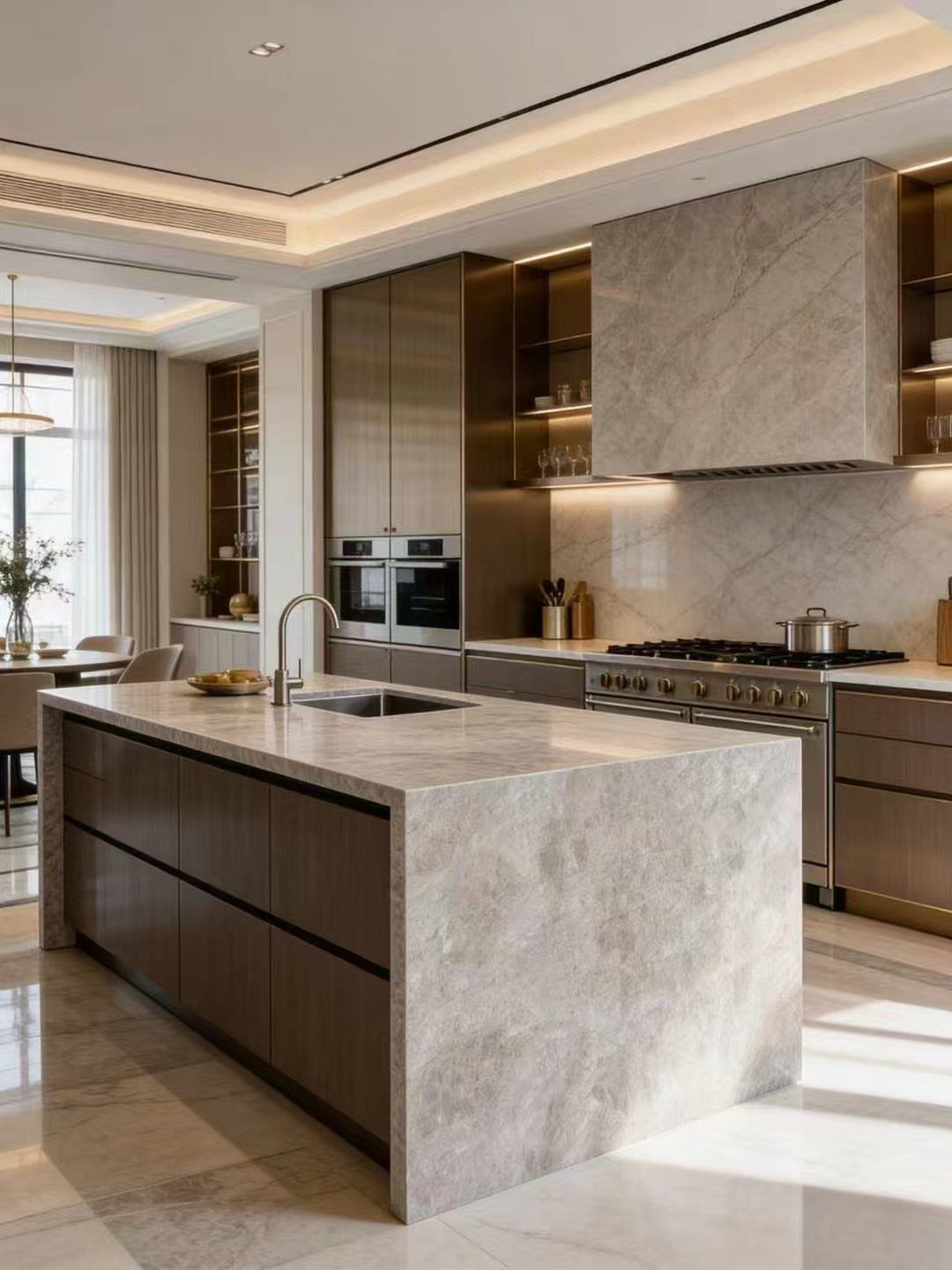 Waterfall countertop island made of light grey veined stone in a modern kitchen.