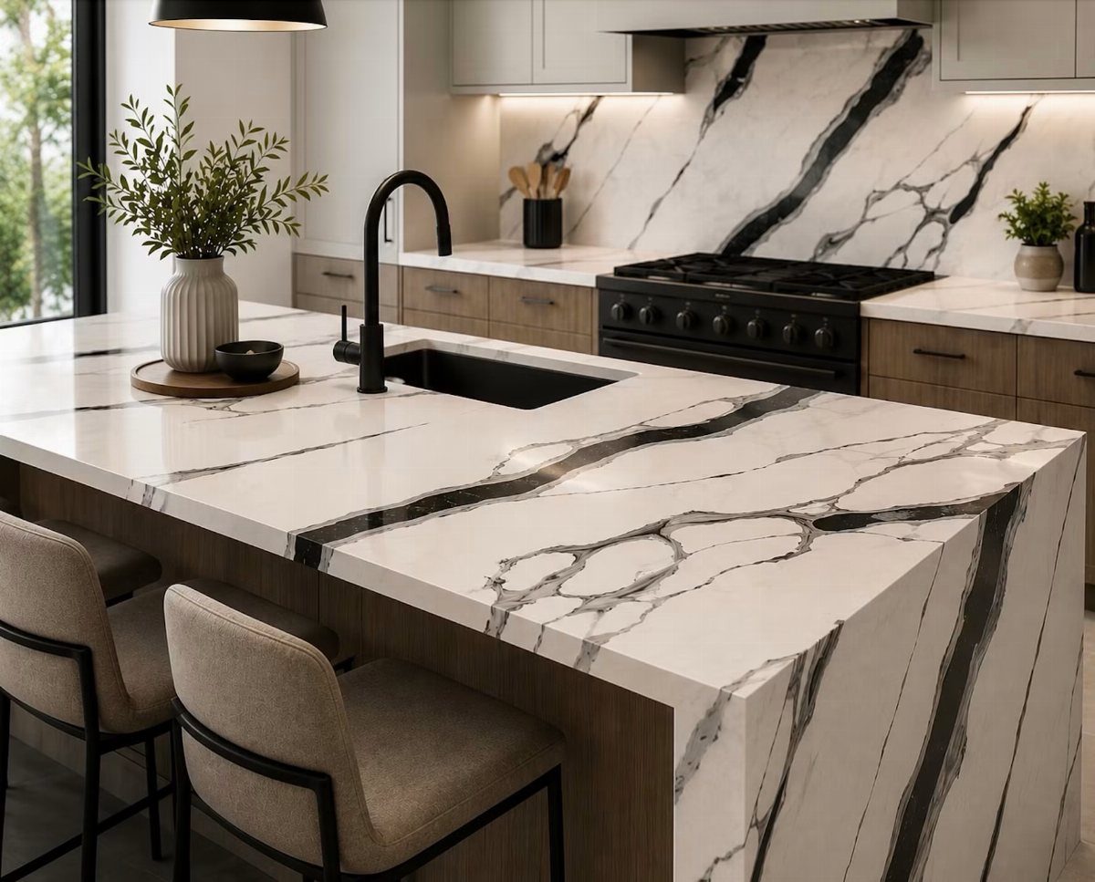 White veined porcelain countertop with a waterfall edge in a modern kitchen setting.
