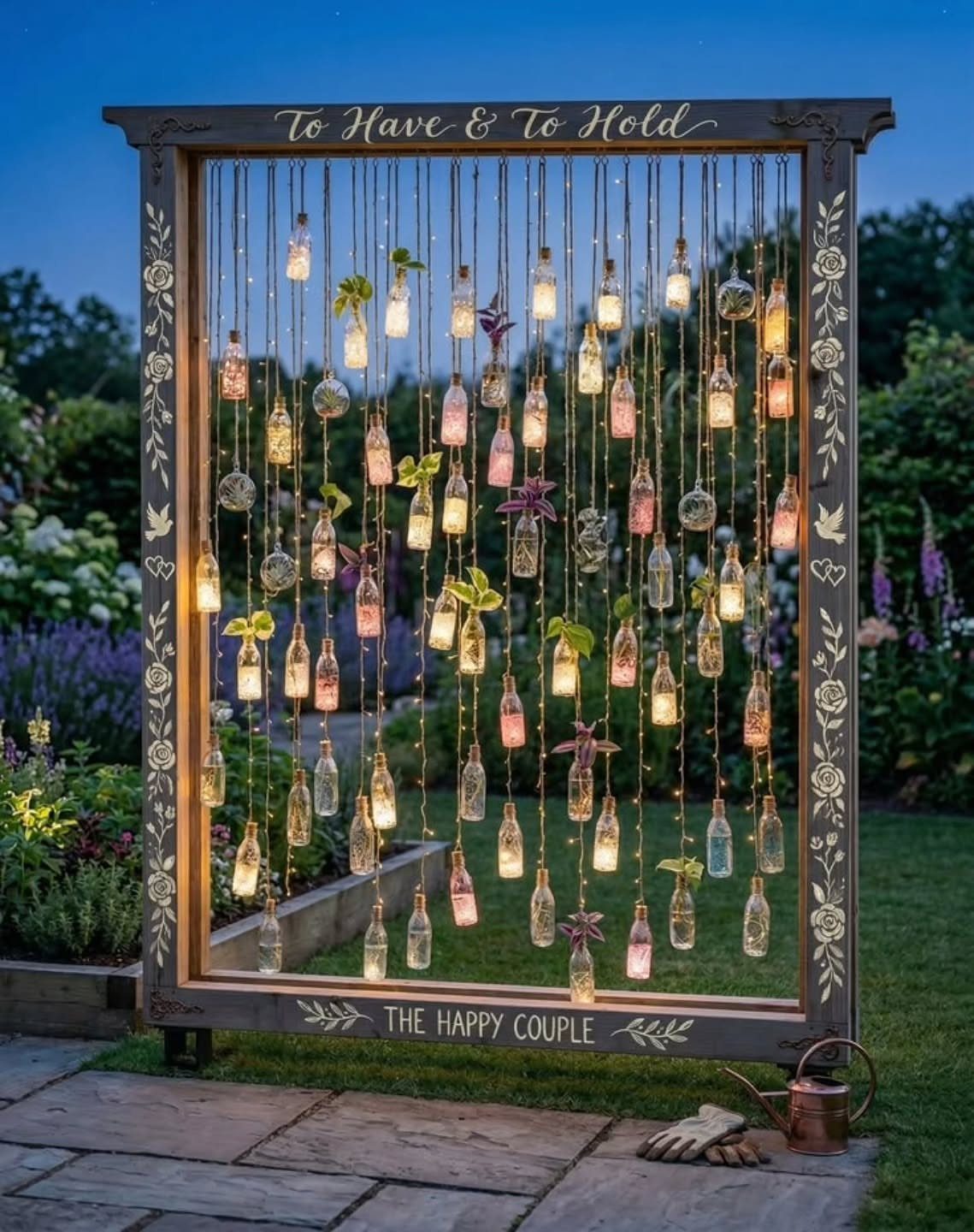 Wooden frame with hanging fairy lights and small glass bottles in a garden setting
