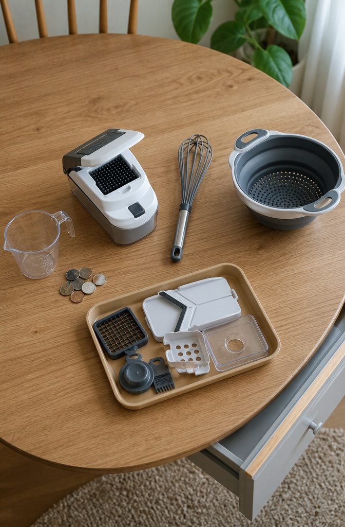 10 Amazon Cooking Gadgets Worth Buying, Based on Research 4 Dining table holds cooking gadgets arranged to illustrate a buying guide section.